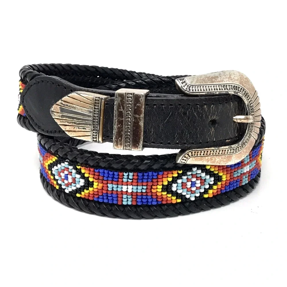 VTG LL Bean Southwestern Belt Size 28 Beaded Black Leather Braided 1991 Native